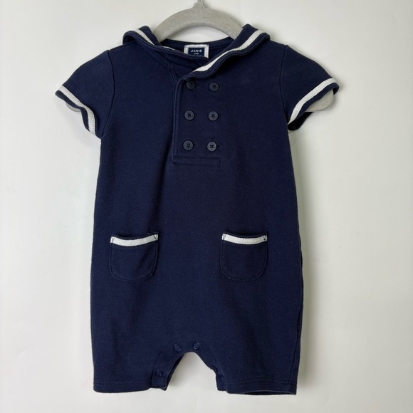 Janie And Jack Navy Blue Cotton Short Sleeve Sailor Romper 0-3 Months - Picture 1 of 5